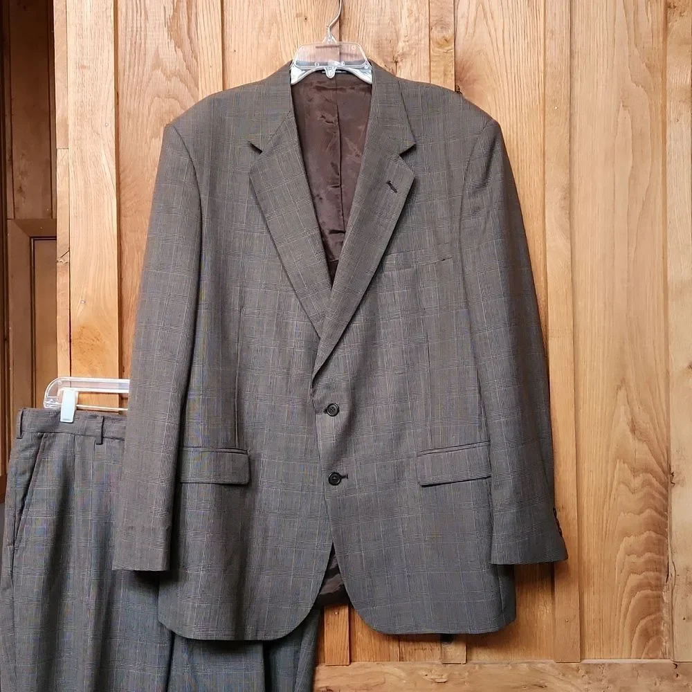 TownCraft Vintage 2 Piece Wool Coat & Pants Suit Set, 46L X 38, Brown Checks